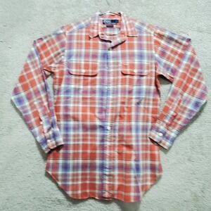 Polo Ralph Lauren Shirt Men's Small Orange Blue Plaid Cotton Button Up Pockets